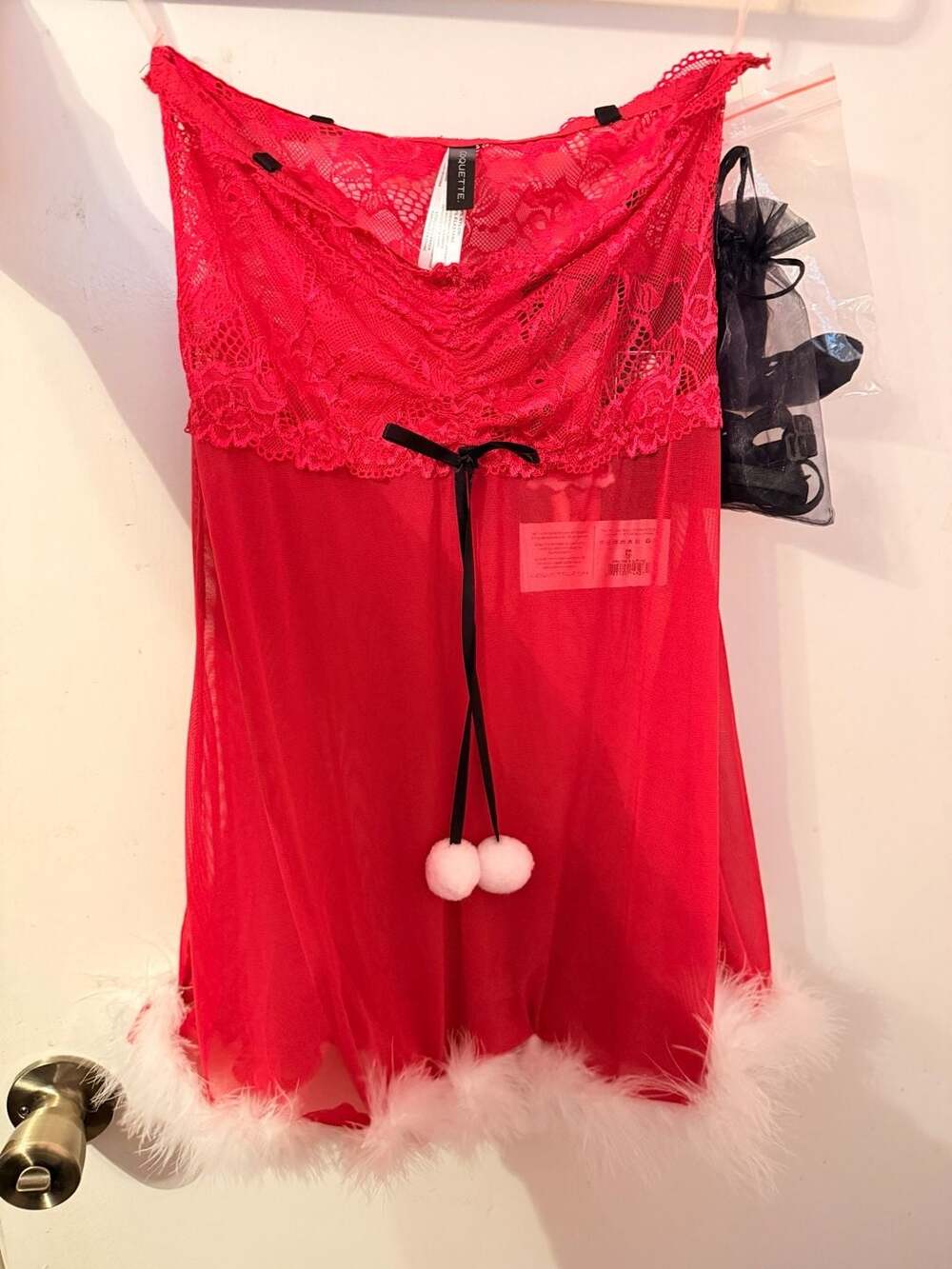 Coquette Christmas Santa Babydoll Lingerie Red White Fuzzy Pom Poms